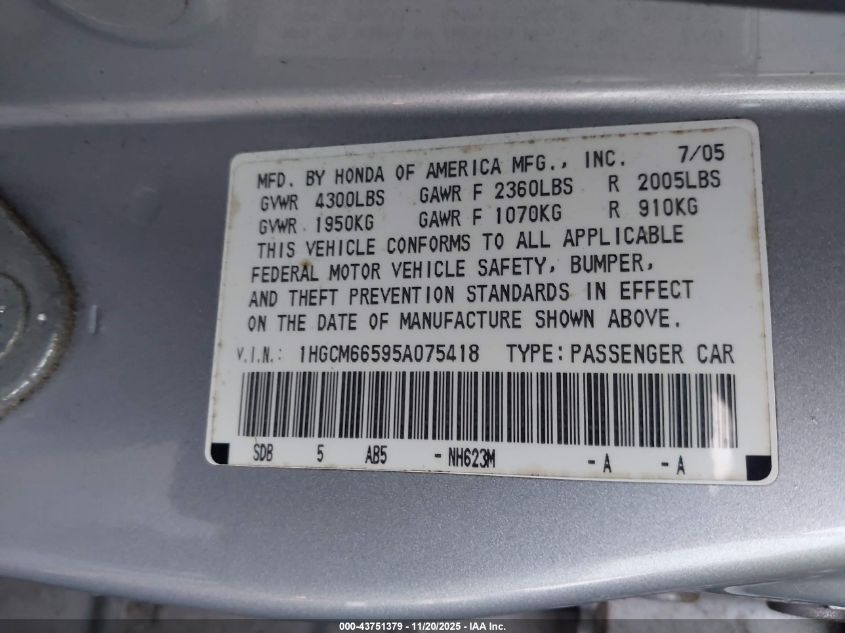 2005 Honda Accord 3.0 Ex VIN: 1HGCM66595A075418 Lot: 43751379