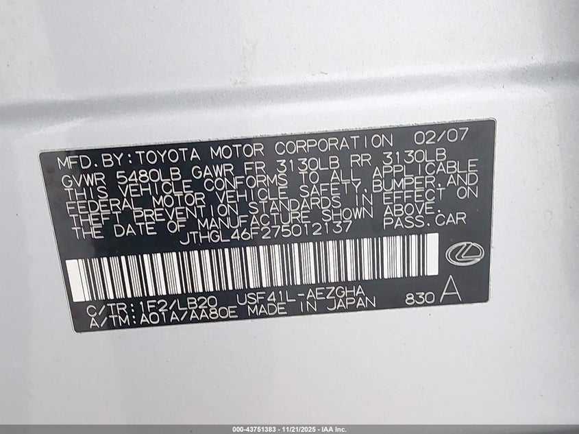 2007 Lexus Ls 460 L VIN: JTHGL46F275012137 Lot: 43751383