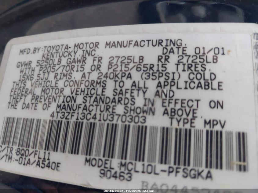 2001 Toyota Sienna Xle VIN: 4T3ZF13C41U370303 Lot: 43751392