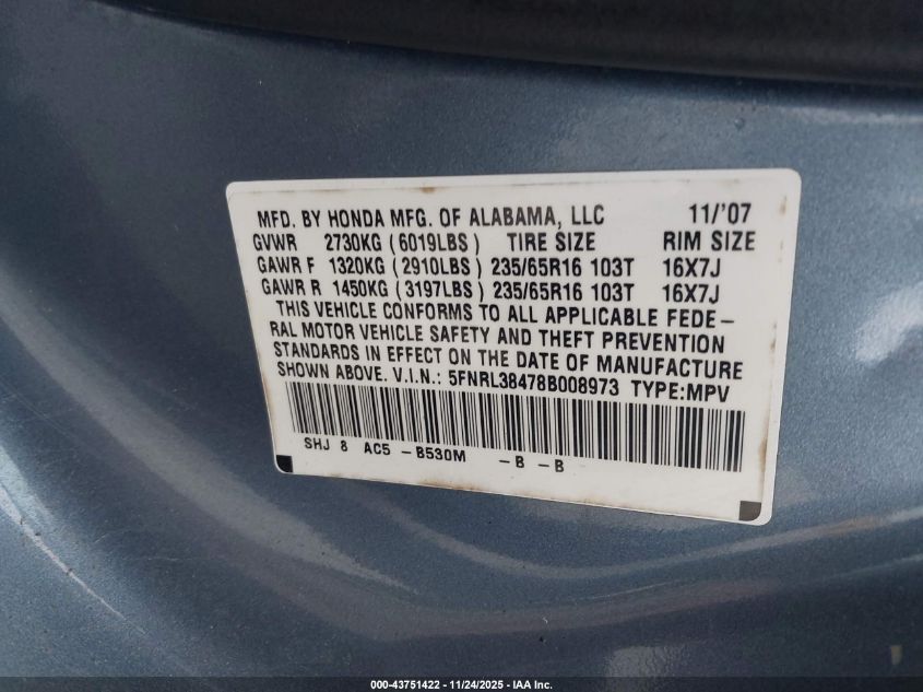 2008 Honda Odyssey Ex VIN: 5FNRL38478B008973 Lot: 43751422