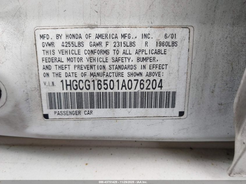 2001 Honda Accord 3.0 Ex VIN: 1HGCG16501A076204 Lot: 43751429