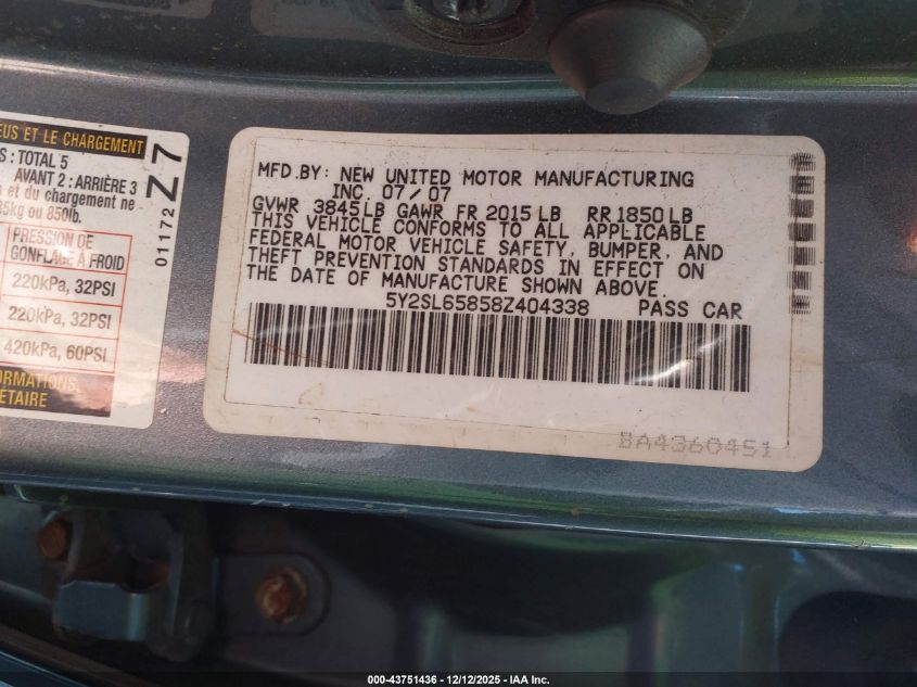 2008 Pontiac Vibe VIN: 5Y2SL65858Z404338 Lot: 43751436