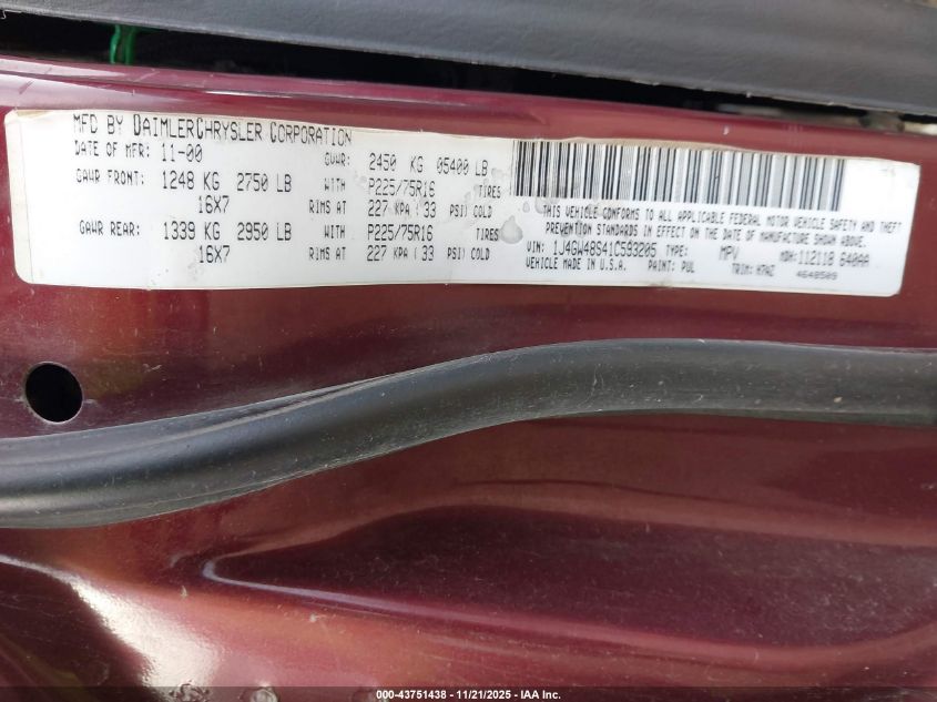 2001 Jeep Grand Cherokee Laredo VIN: 1J4GW48S41C593205 Lot: 43751438