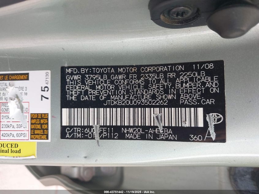 2009 Toyota Prius VIN: JTDKB20U093502262 Lot: 43751442