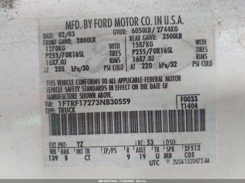 2003 Ford F-150 Xl/Xlt VIN: 1FTRF17273NB30559 Lot: 43751444