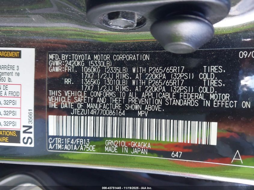 2007 Toyota 4Runner Sport V6 VIN: JTEZU14R770086164 Lot: 43751445