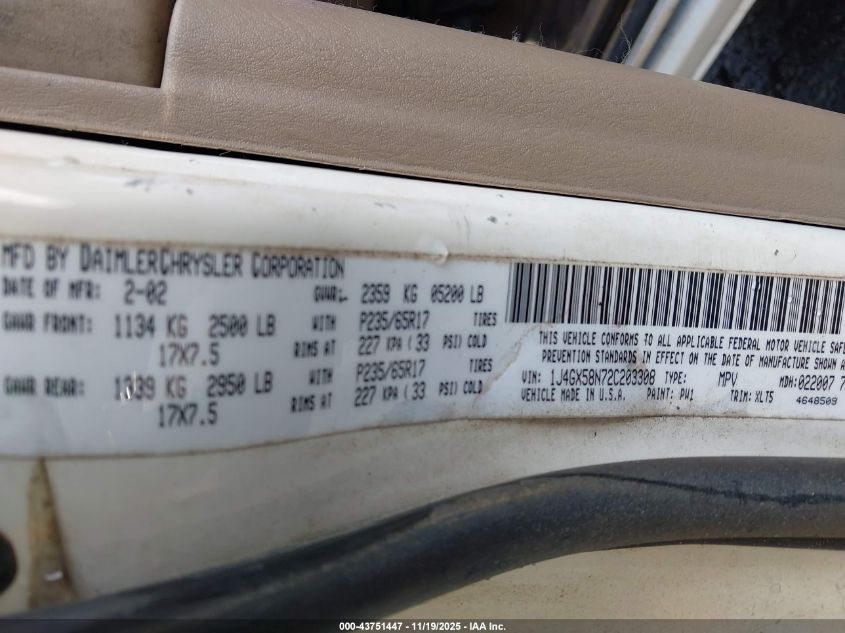 2002 Jeep Grand Cherokee Limited VIN: 1J4GX58N72C203308 Lot: 43751447