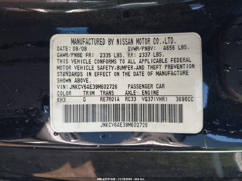 2009 Infiniti G37 Journey VIN: JNKCV64E39M602726 Lot: 43751448