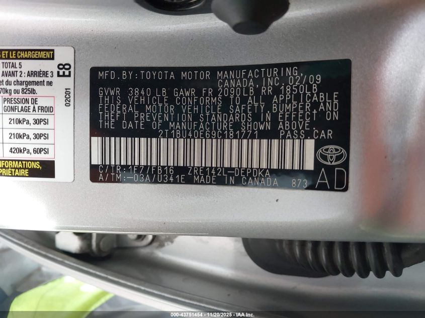 2009 Toyota Corolla Le VIN: 2T1BU40E69C181771 Lot: 43751454