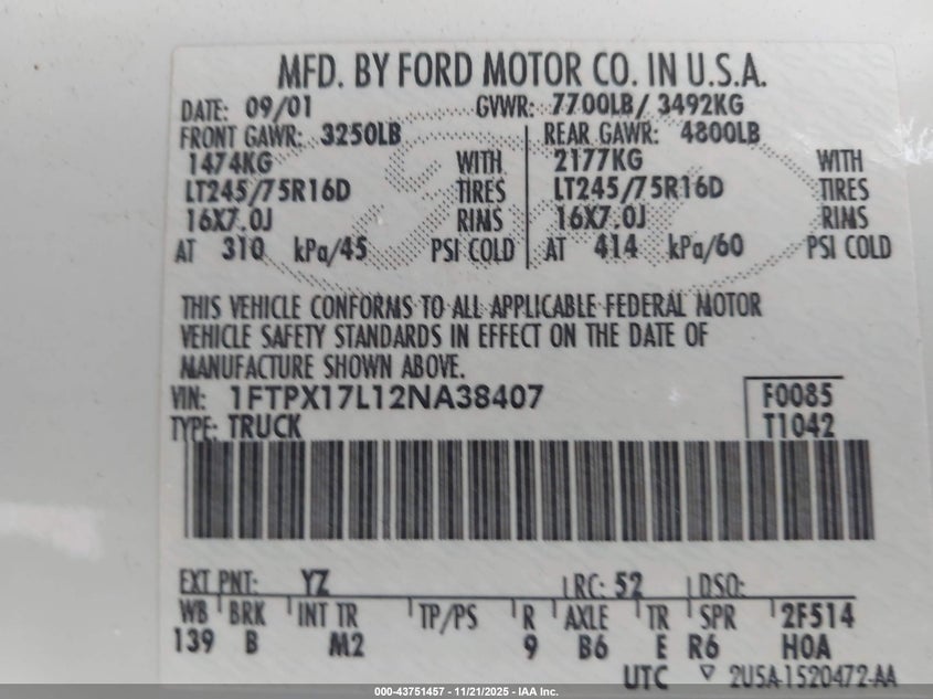 2002 Ford F-150 Lariat/Xl/Xlt VIN: 1FTPX17L12NA38407 Lot: 43751457