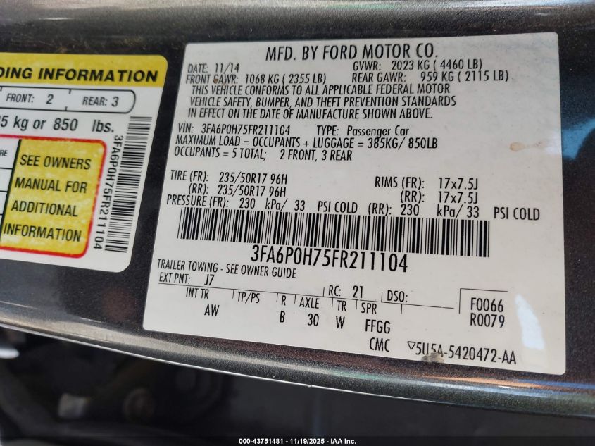 2015 Ford Fusion Se VIN: 3FA6P0H75FR211104 Lot: 43751481