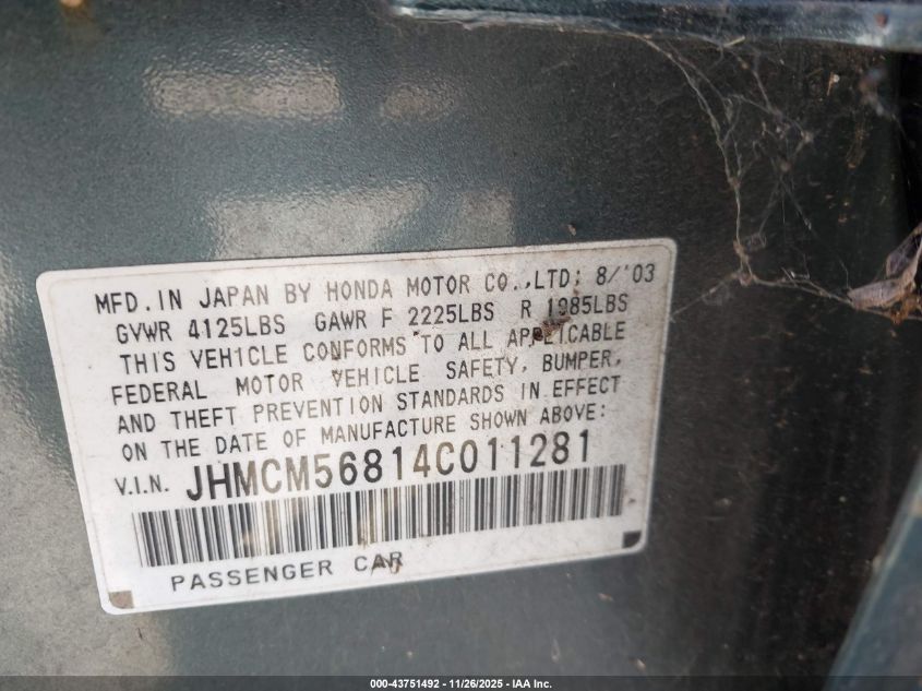 2004 Honda Accord 2.4 Dx VIN: JHMCM56184C011281 Lot: 43751492