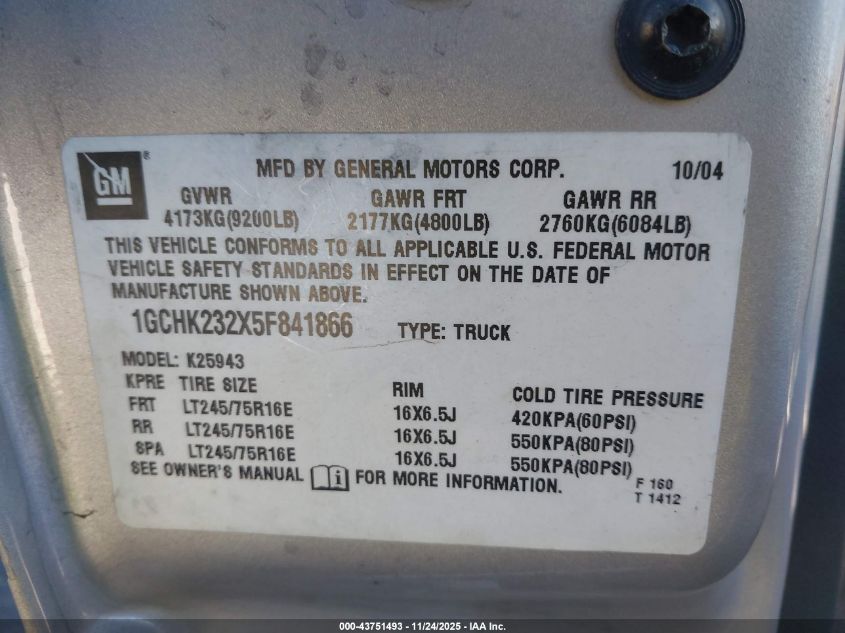 2005 Chevrolet Silverado 2500Hd Ls VIN: 1GCHK232X5F841866 Lot: 43751493