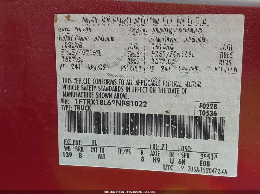 2002 Ford F-150 Lariat/Xl/Xlt VIN: 1FTRX18L62NB81022 Lot: 43751506