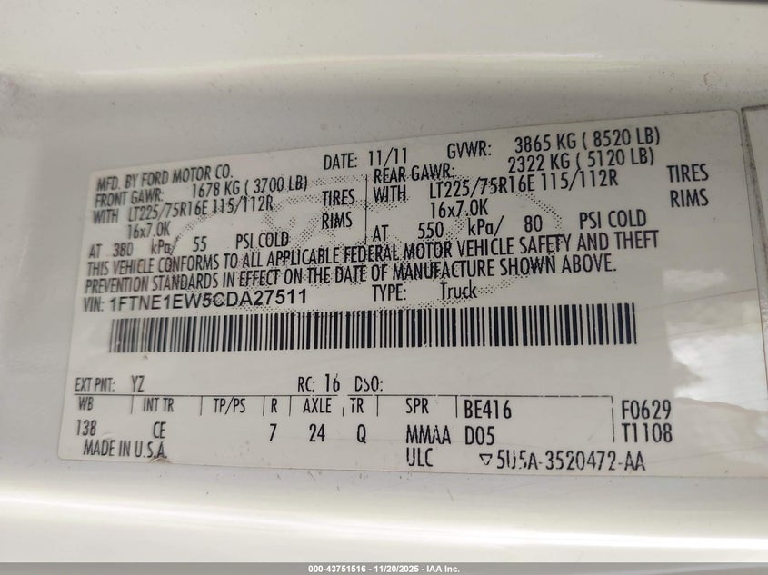 2012 Ford E-150 Commercial VIN: 1FTNE1EW5CDA27511 Lot: 43751516