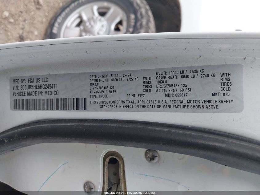 2024 Ram 2500 VIN: 3C6UR5HL6RG249471 Lot: 43751521