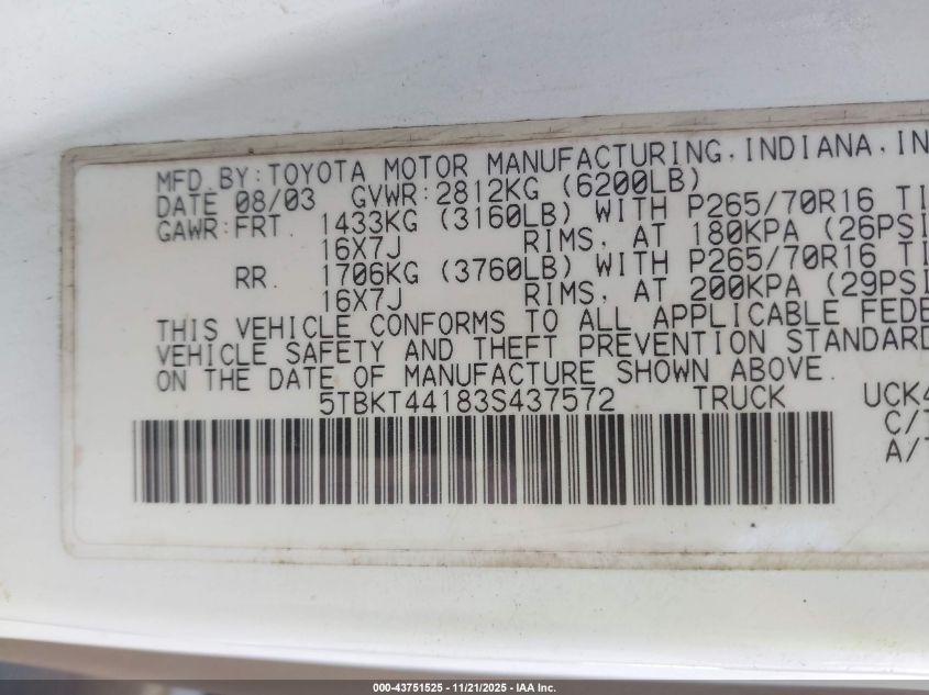 2003 Toyota Tundra Sr5 V8 VIN: 5TBKT44183S437572 Lot: 43751525