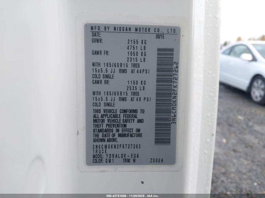 2015 Nissan Nv200 S/Sv VIN: 3N6CM0KN2FK727262 Lot: 43751556