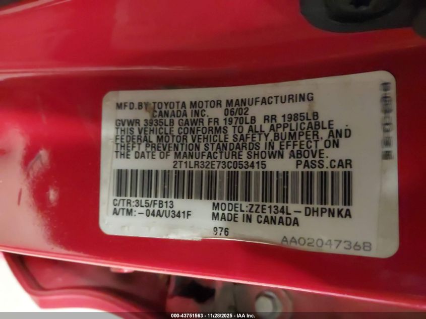 2003 Toyota Matrix Xr VIN: 2T1LR32E73C053415 Lot: 43751563