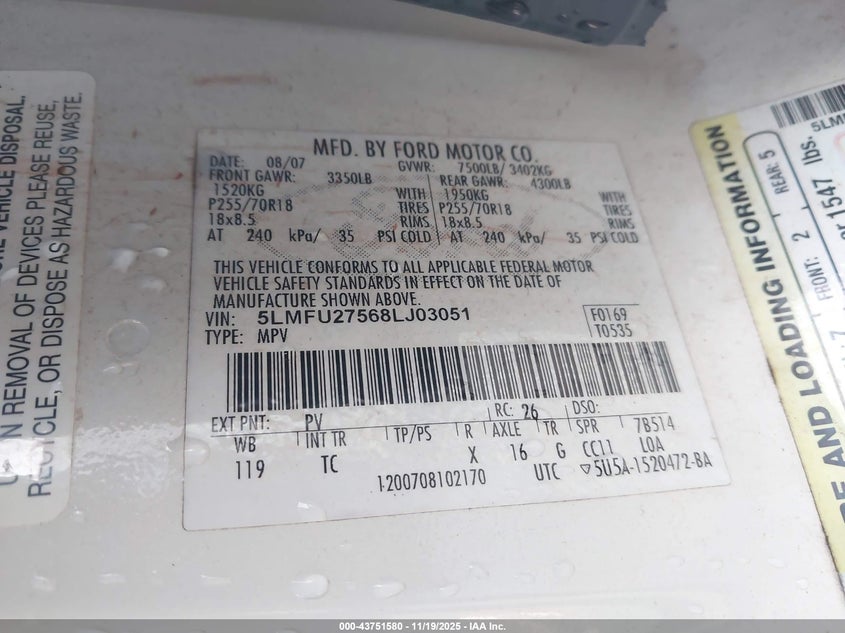 2008 Lincoln Navigator VIN: 5LMFU27568LJ03051 Lot: 43751580