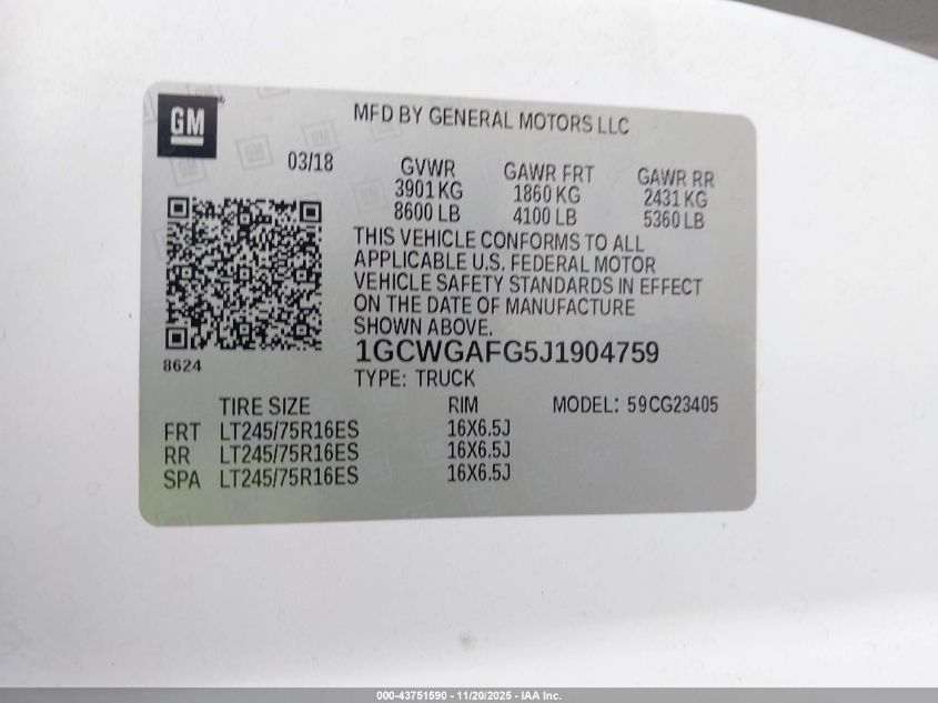2018 Chevrolet Express 2500 Work Van VIN: 1GCWGAFG5J1904759 Lot: 43751590