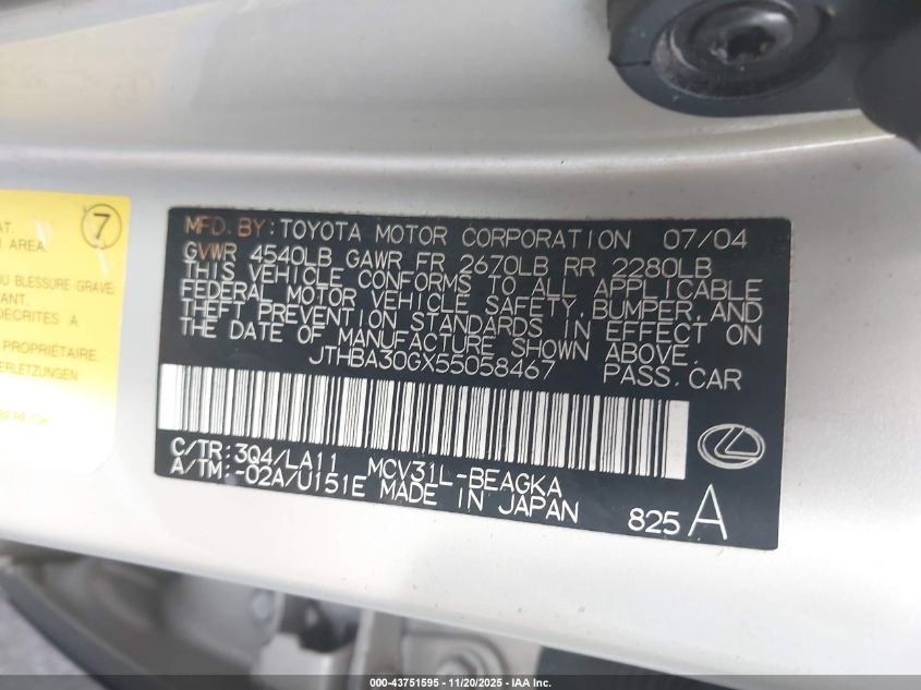 2005 Lexus Es 330 VIN: JTHBA30GX55058467 Lot: 43751595