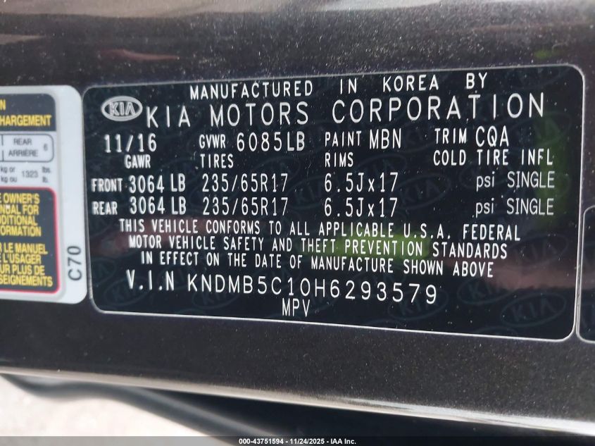 2017 Kia Sedona Lx VIN: KNDMB5C10H6293579 Lot: 43751594