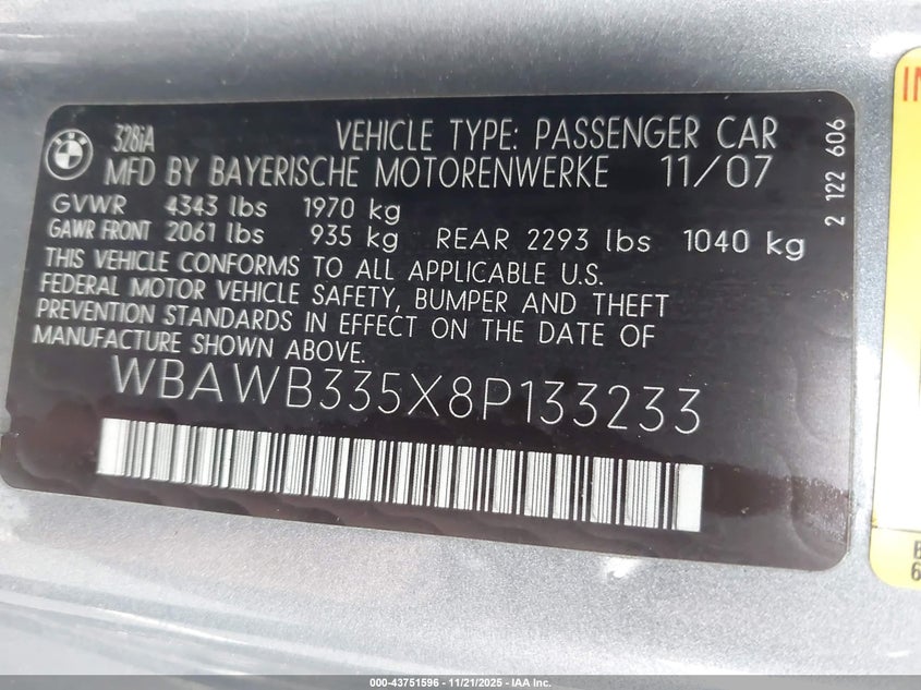 2008 BMW 328I VIN: WBAWB335X8P133233 Lot: 43751596