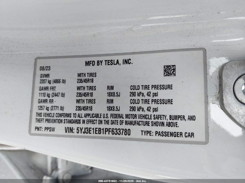 2023 Tesla Model 3 Long Range Dual Motor All-Wheel Drive VIN: 5YJ3E1EB1PF633780 Lot: 43751602