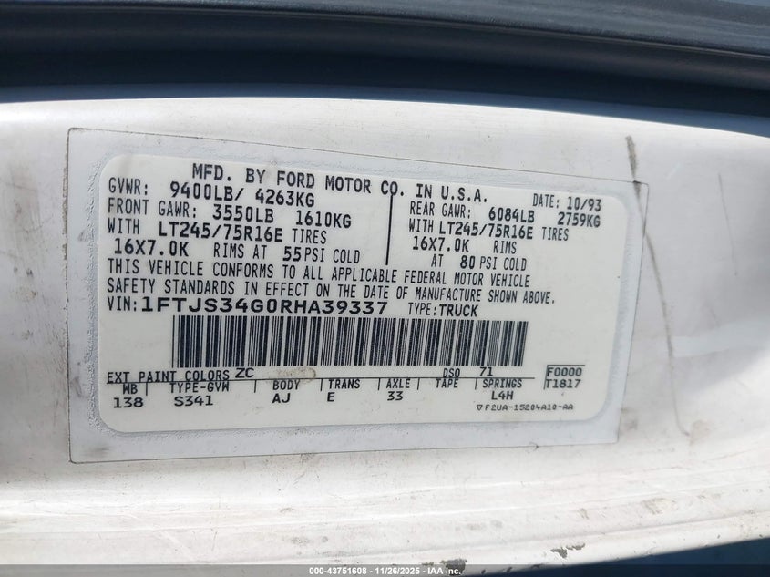 1994 Ford Econoline E350 Super Duty Van VIN: 1FTJS34G0RHA39337 Lot: 43751608