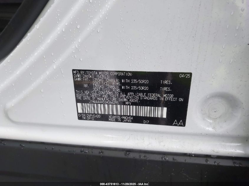2025 Toyota Bz4X Limited VIN: JTMAAAAA5SA066295 Lot: 43751613