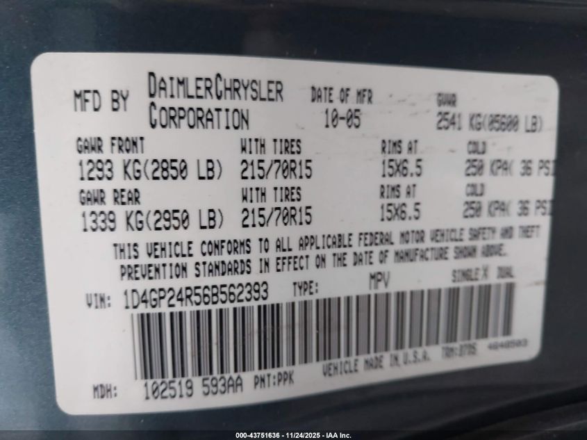 2006 Dodge Grand Caravan Se VIN: 1D4GP24R56B562393 Lot: 43751636