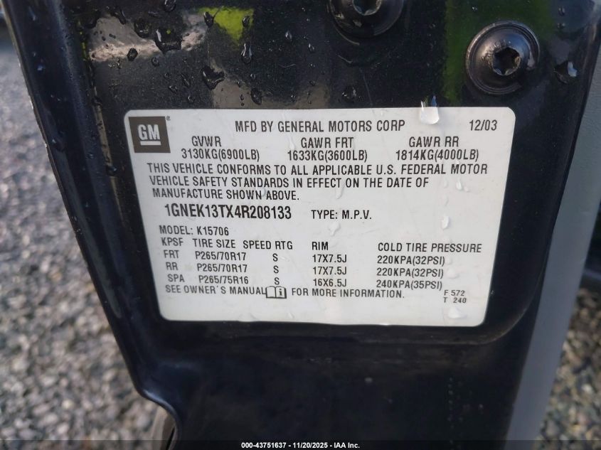 2004 Chevrolet Tahoe Ls VIN: 1GNEK13TX4R208133 Lot: 43751637