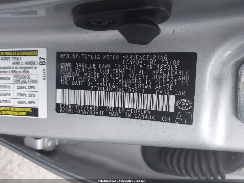 2009 Toyota Matrix VIN: 2T1KU40E09C106211 Lot: 43751640