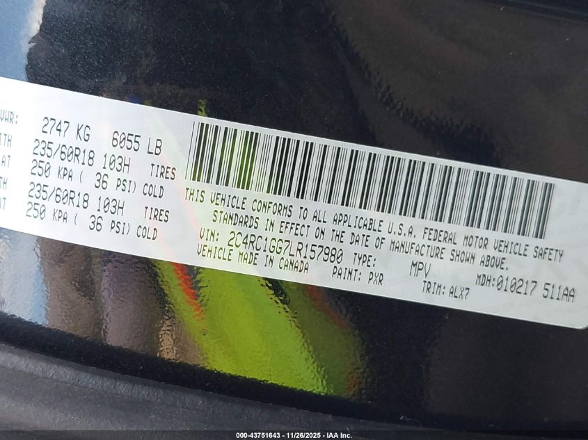 2020 Chrysler Pacifica Limited VIN: 2C4RC1GG7LR157980 Lot: 43751643