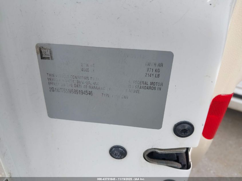 2008 Chevrolet Impala Lt VIN: 2G1WT55N689194546 Lot: 43751645