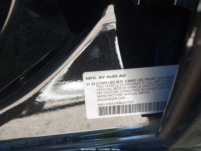 2024 Audi S3 Premium Plus Tfsi Quattro S Tronic VIN: WAUH3DGY6RA017581 Lot: 43751680