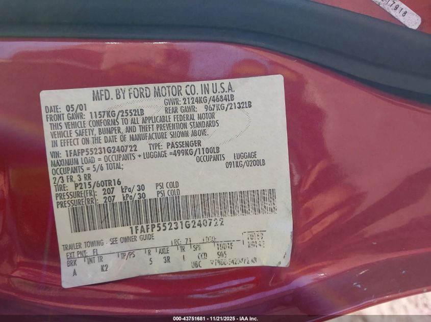 2001 Ford Taurus Ses VIN: 1FAFP55231G240722 Lot: 43751681