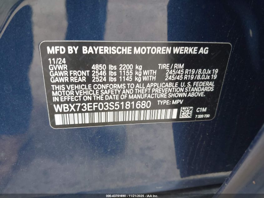 2025 BMW X1 xDrive28I VIN: WBX73EF03S5181680 Lot: 43751690