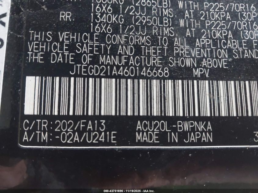 2006 Toyota Highlander VIN: JTEGD21A460146668 Lot: 43751696