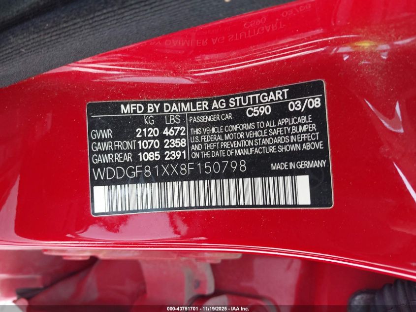 2008 Mercedes-Benz C 300 Luxury 4Matic/Sport 4Matic VIN: WDDGF81XX8F150798 Lot: 43751701