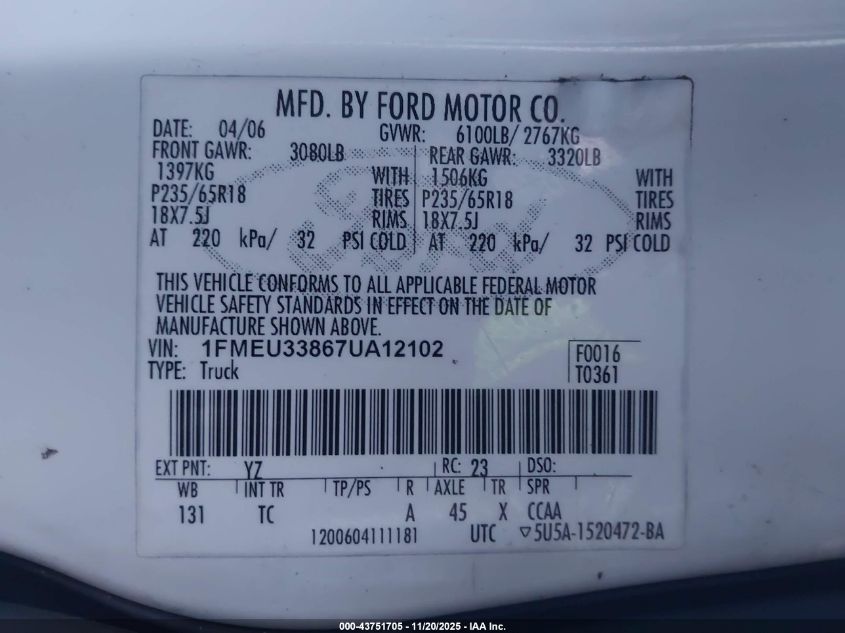 2007 Ford Explorer Sport Trac Limited VIN: 1FMEU33867UA12102 Lot: 43751705