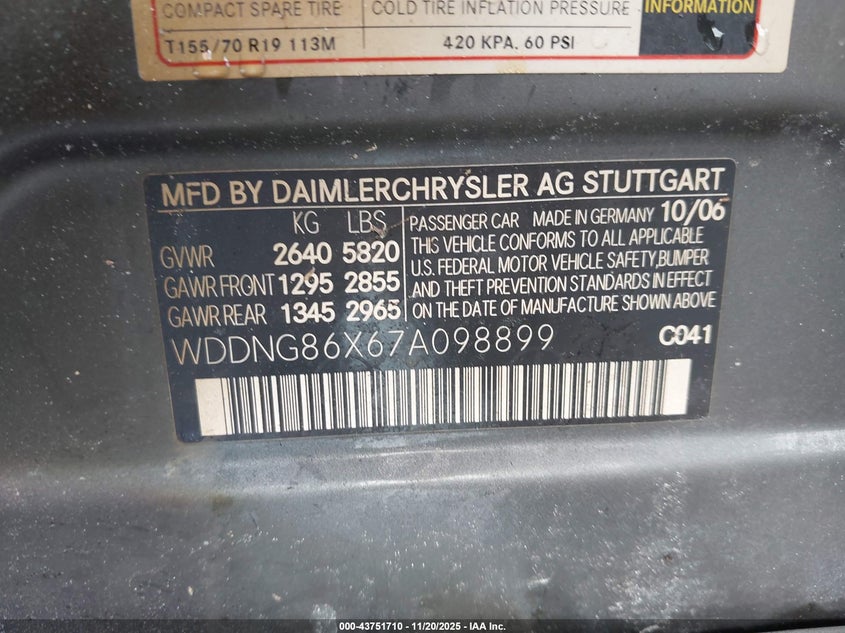 2007 Mercedes-Benz S 550 4Matic VIN: WDDNG86X67A098899 Lot: 43751710