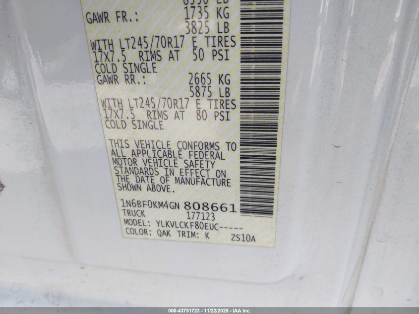 2016 Nissan Nv Cargo Nv1500 S V6 VIN: 1N6BF0KM4GN808661 Lot: 43751723