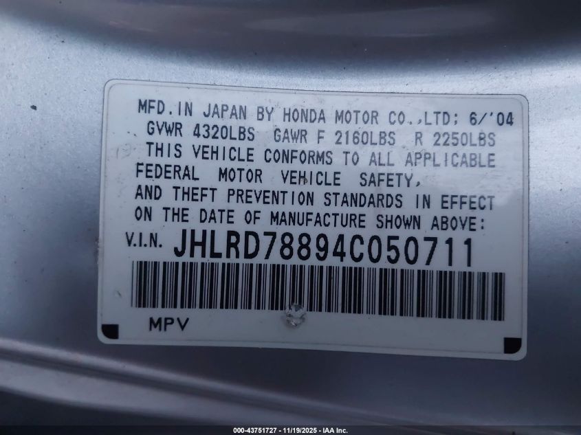 2004 Honda Cr-V Ex VIN: JHLRD78894C050711 Lot: 43751727