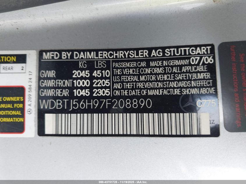2007 Mercedes-Benz Clk 350 VIN: WDBTJ56H97F208890 Lot: 43751728