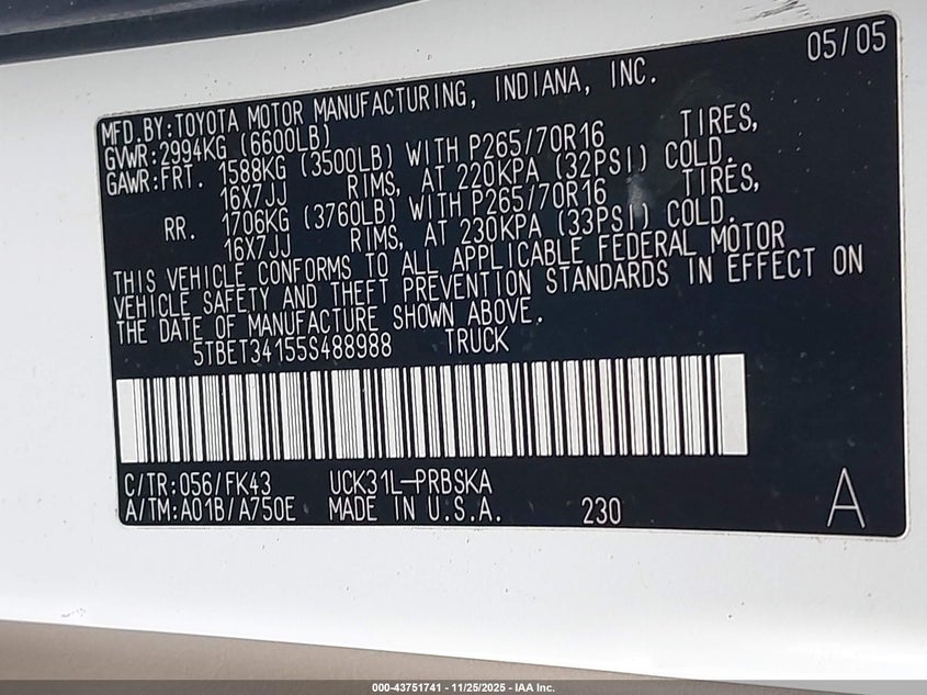 2005 Toyota Tundra Sr5 V8 VIN: 5TBET34155S488988 Lot: 43751741