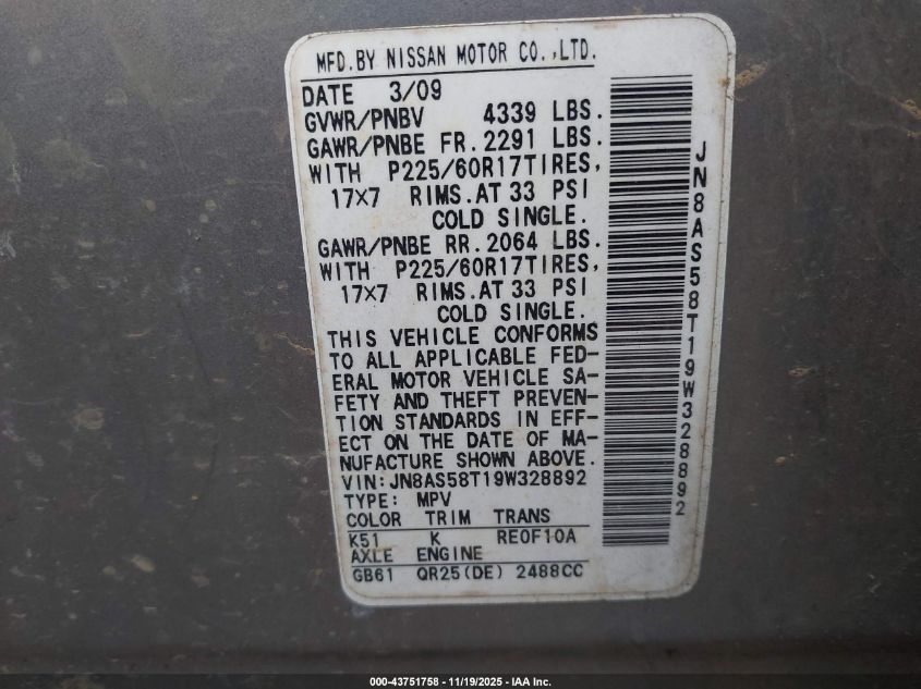 2009 Nissan Rogue Sl VIN: JN8AS58T19W328892 Lot: 43751758