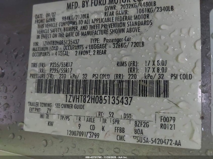 2008 Ford Mustang Gt Deluxe/Gt Premium VIN: 1ZVHT82H085135437 Lot: 43751765