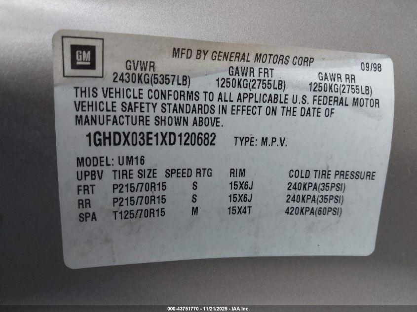 1999 Oldsmobile Silhouette Gl VIN: 1GHDX03E1XD120682 Lot: 43751770